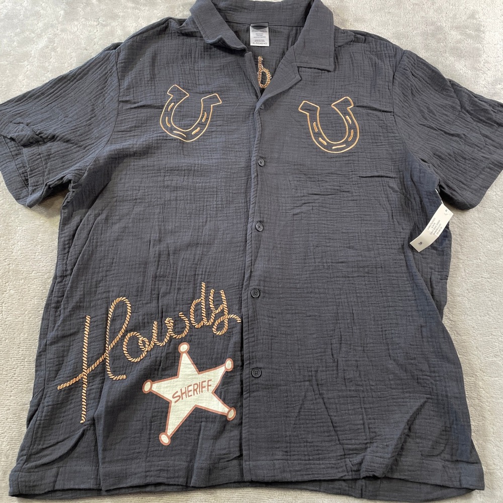 Toy Story 5 Woody Disney Camp Shirt Mens XL Gray Button Western Embroidered